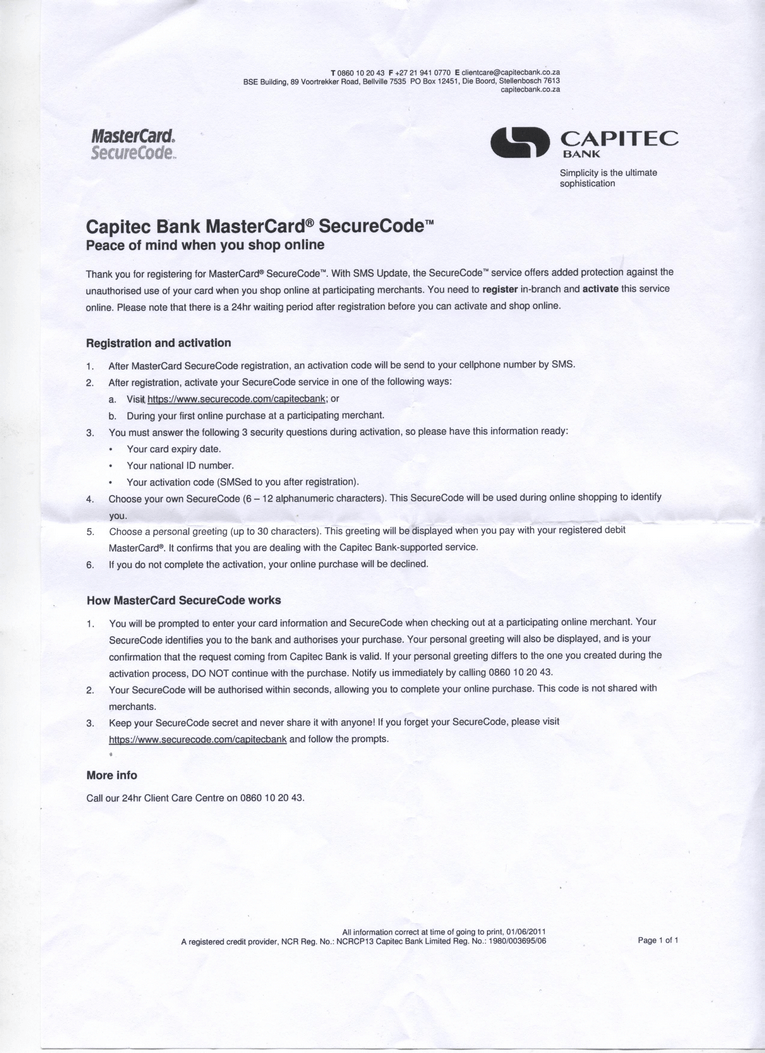 The instructions for activating the capitec mastercard securecode.