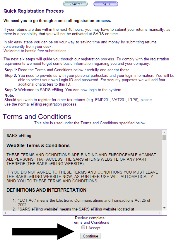 First step of SARS eFiling: Accepting the Terms & Conditions