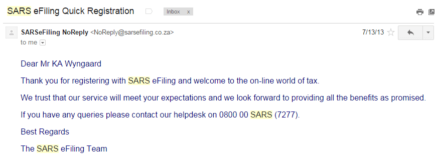 First email from SARS e Filing