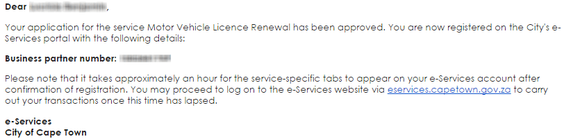 Email approving my application for the Motor Vehicle License Renewal service