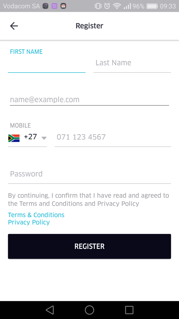 UberEats registration screen