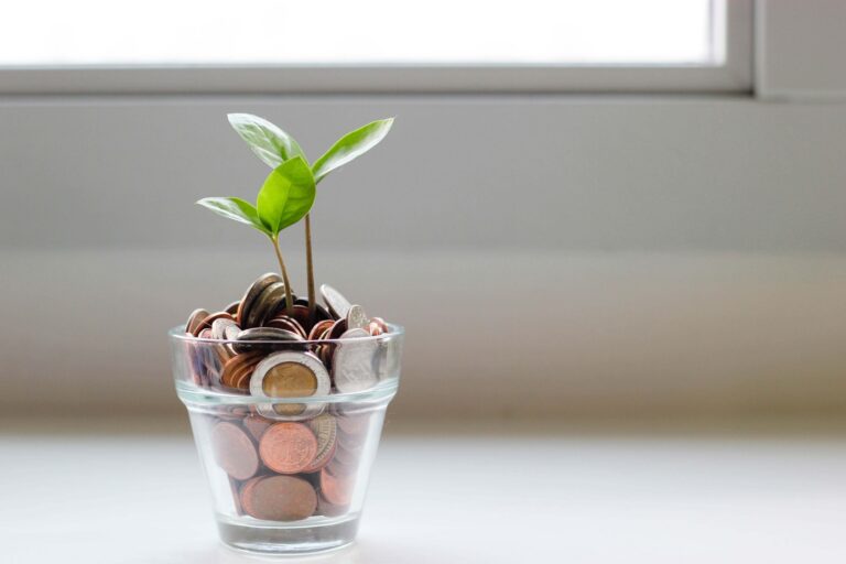 Glass with coins and seedling sprouting implying money saved with Naked Insurance